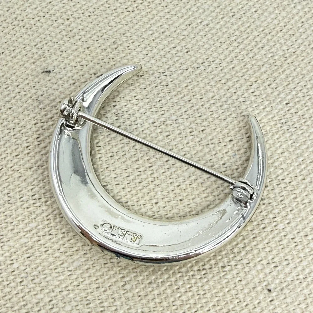 Lisner Vintage Crescent Moon Brooch Silver Tone Baguette‎ Round Clear Rhinestone